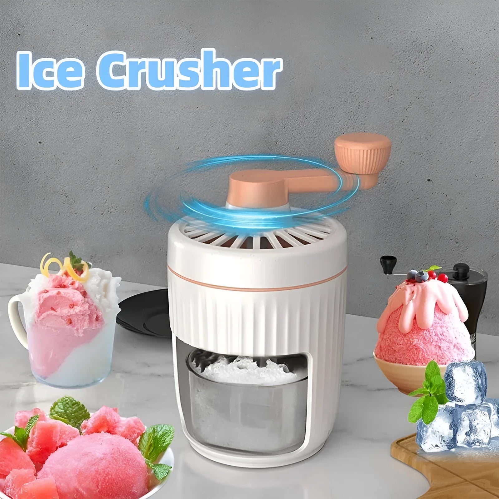Hand-cranked ice shaving machine in green and orange, compact portable snow cone maker with ergonomic handle and removable ice box.