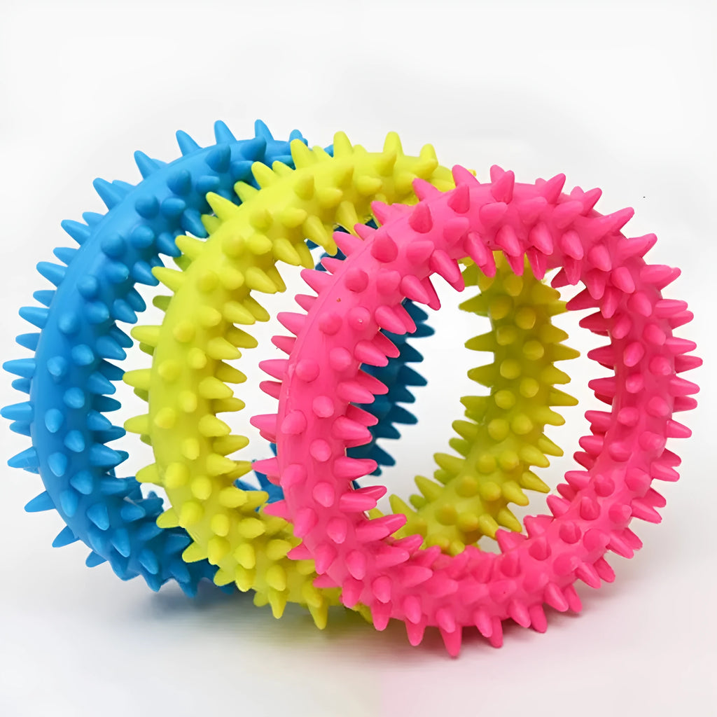 TPR spiky circle ring dog chew toy in assorted colours for dental cleaning and bite training