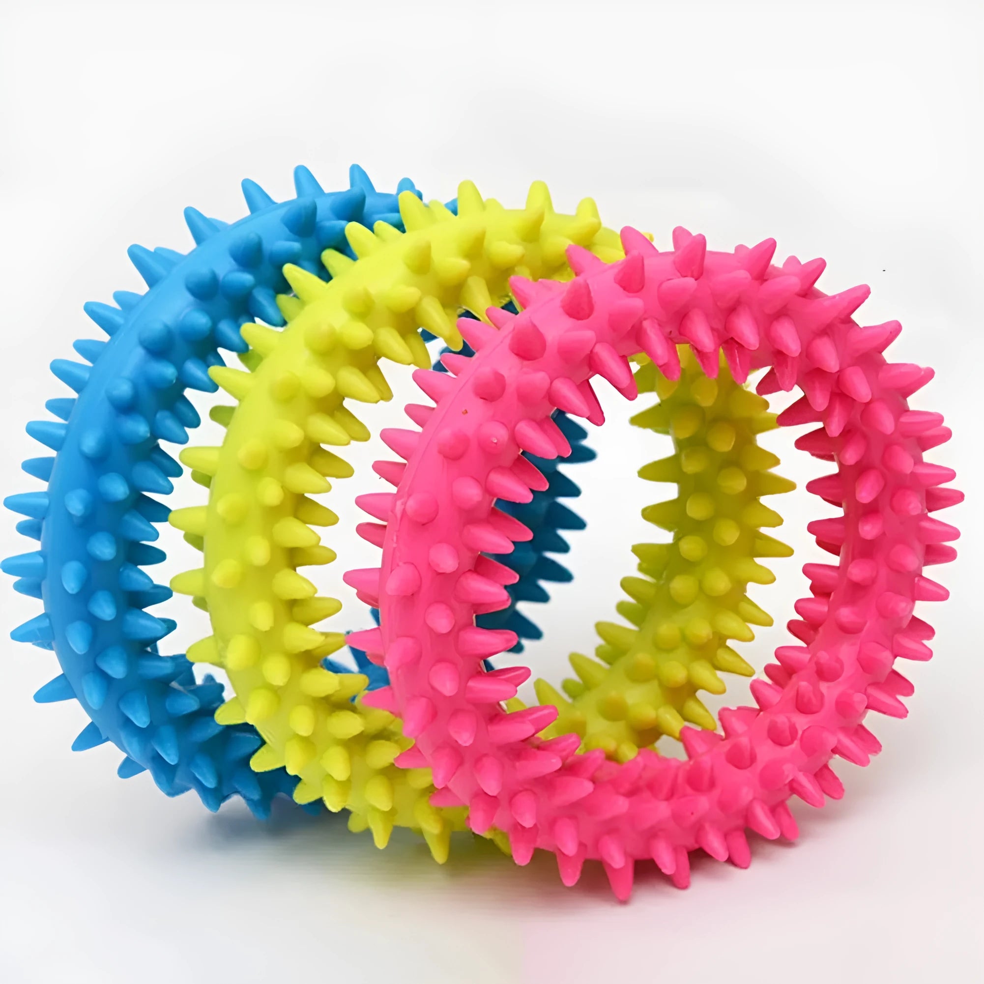 TPR spiky circle ring dog chew toy in assorted colours for dental cleaning and bite training