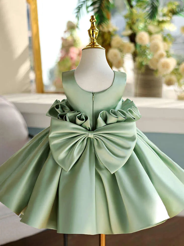 Girls' fruit green satin sleeveless slim-fit party dress on white background, multiple height options