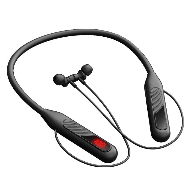 Wireless Bluetooth headset in black with sports halter design and earbuds