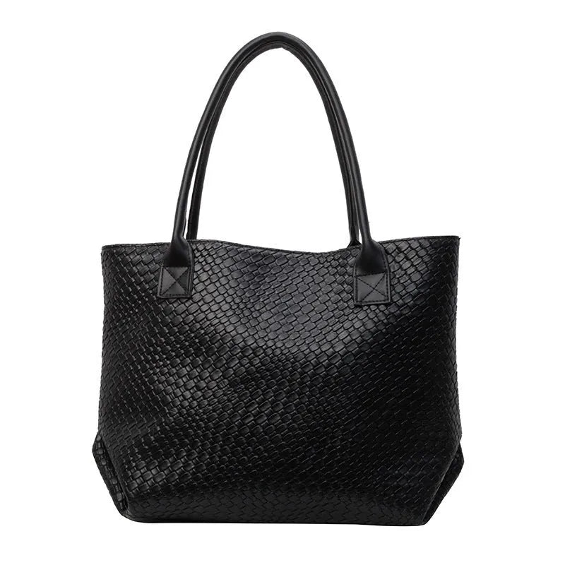 Woven PU shoulder bag for women with double straps, available in beige, black, gray, and khaki