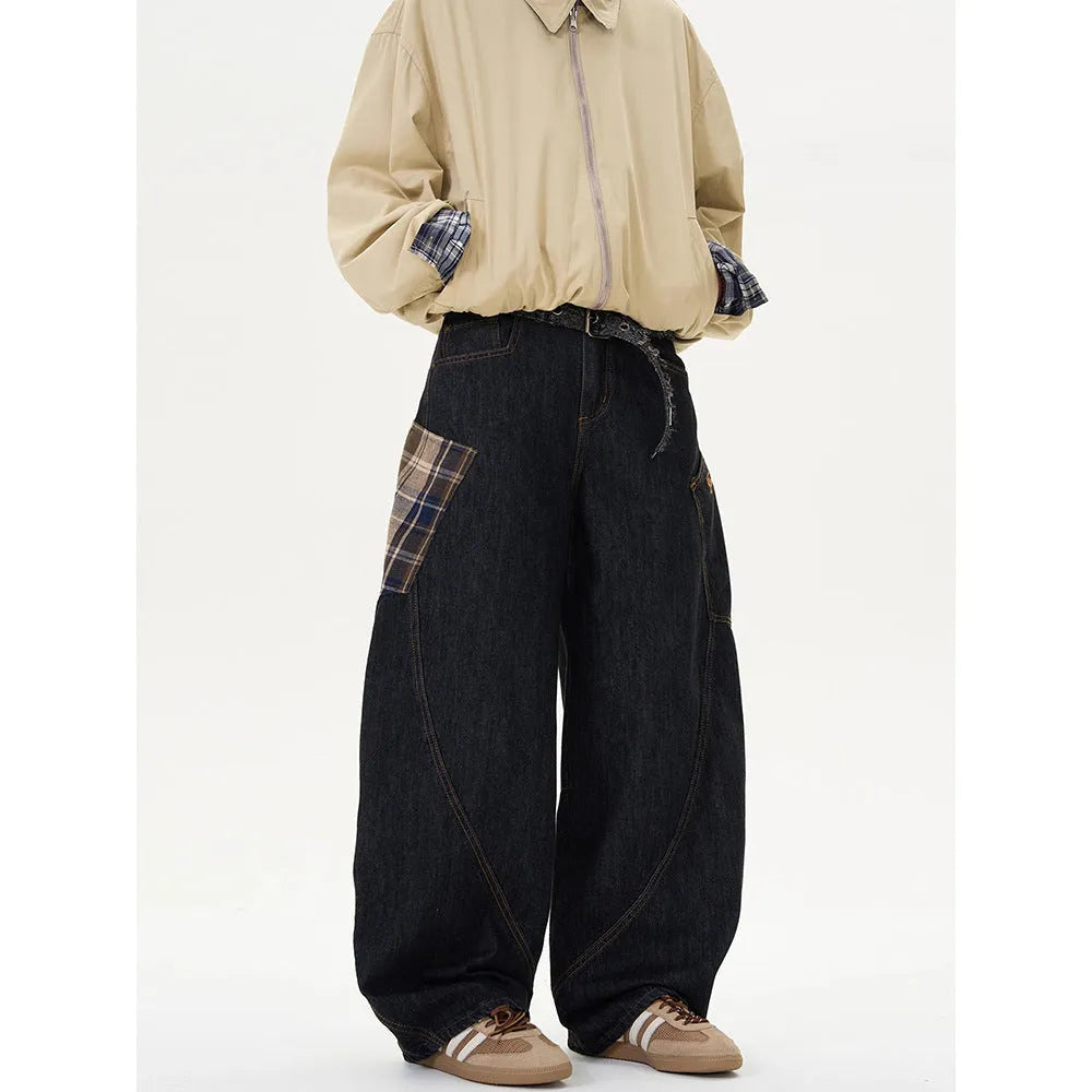 Man wearing loose-fit straight-leg plaid casual trousers in a retro style