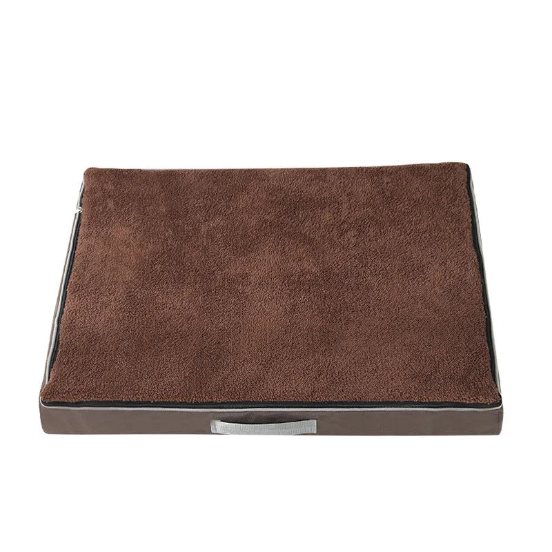 Removable washable sponge dog mat in brown, shown in a domestic setting.
