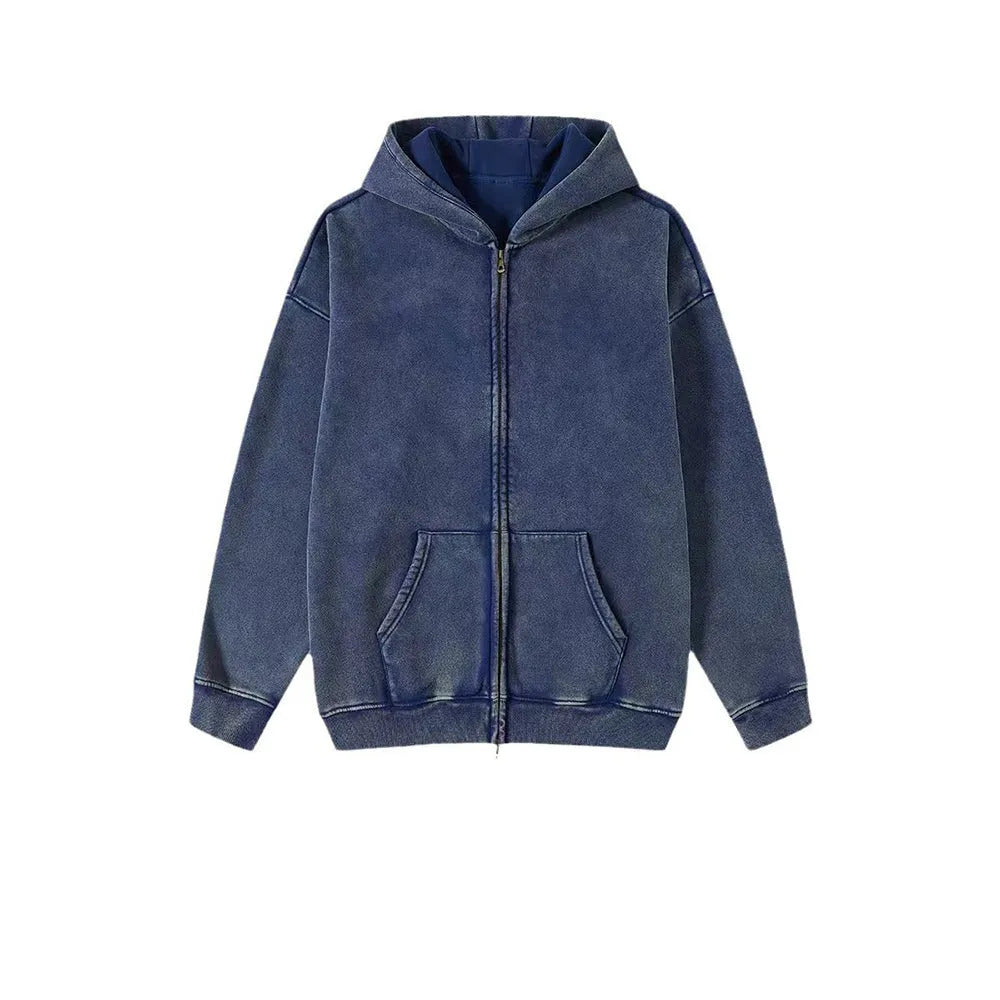 Men's washed cotton hooded cardigan with fleece lining and double zipper front.
