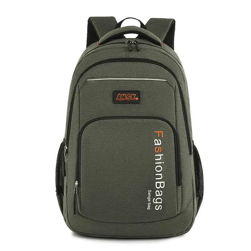 Large capacity black nylon travel backpack with multiple internal compartments and double shoulder straps.