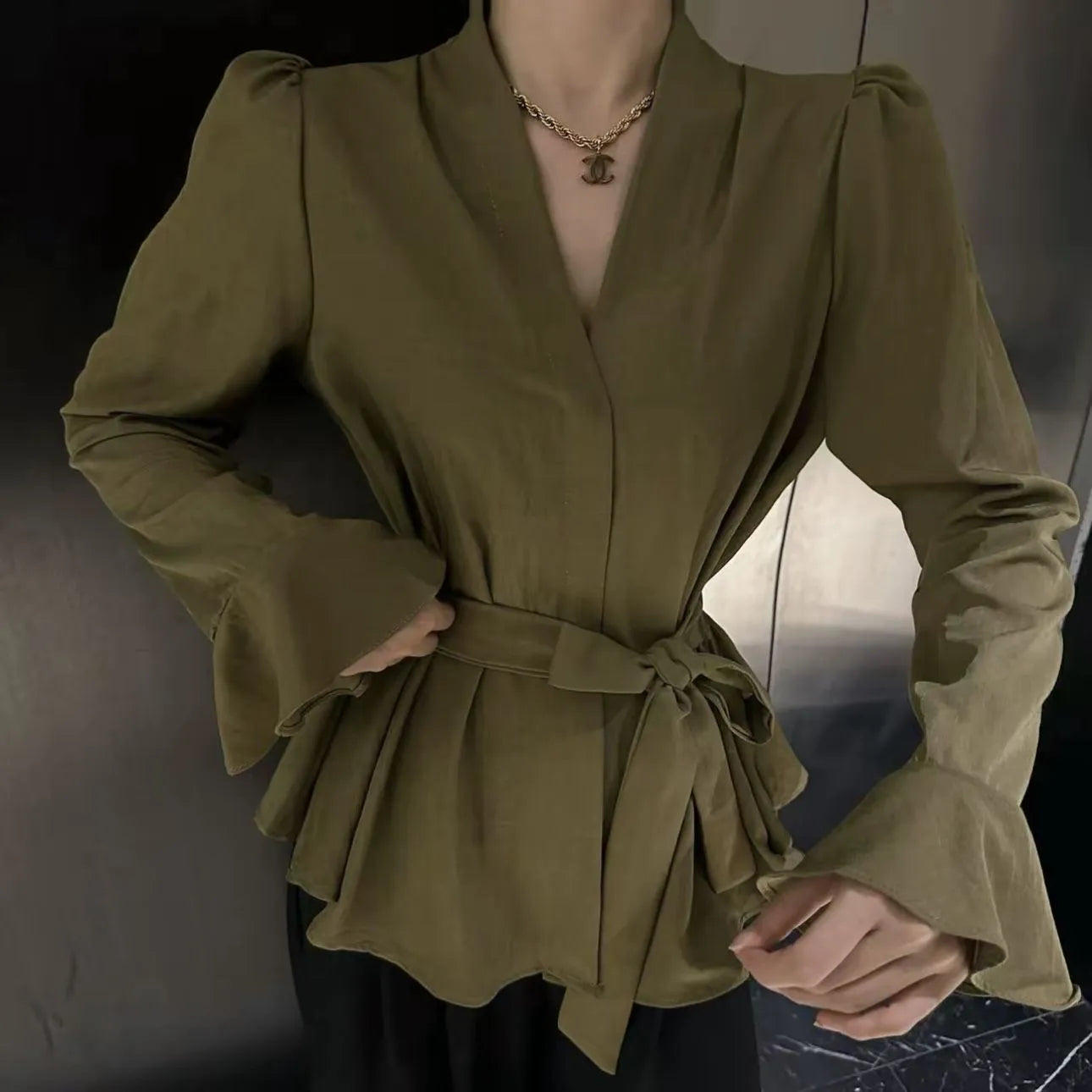Women's French-style shirt with irregular collar, bell sleeves and tied front detail
