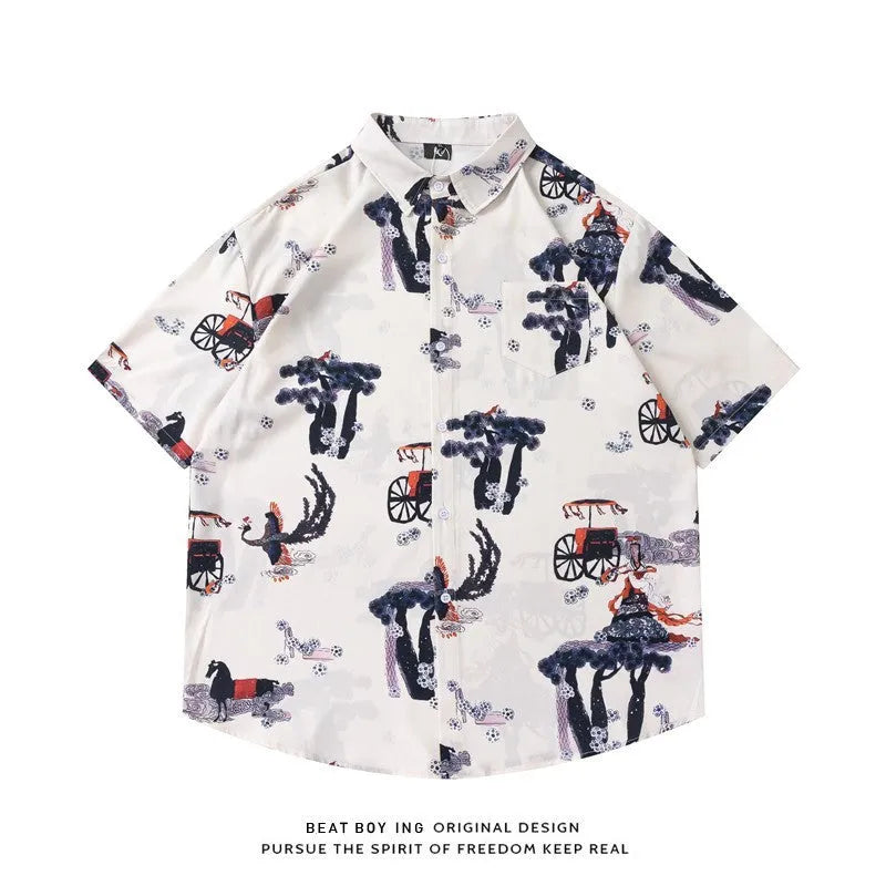 Loose fit short sleeve cardigan shirt with a colourful floral print pattern.