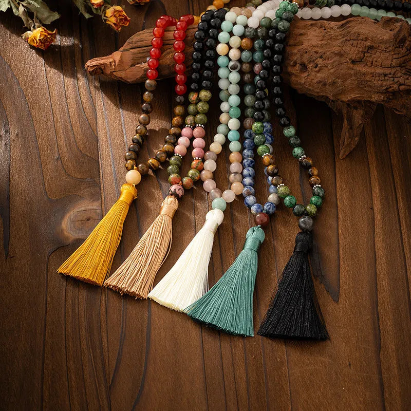 Vintage bohemian style long necklace and bracelet set with natural stone beads on an electroplated chain.