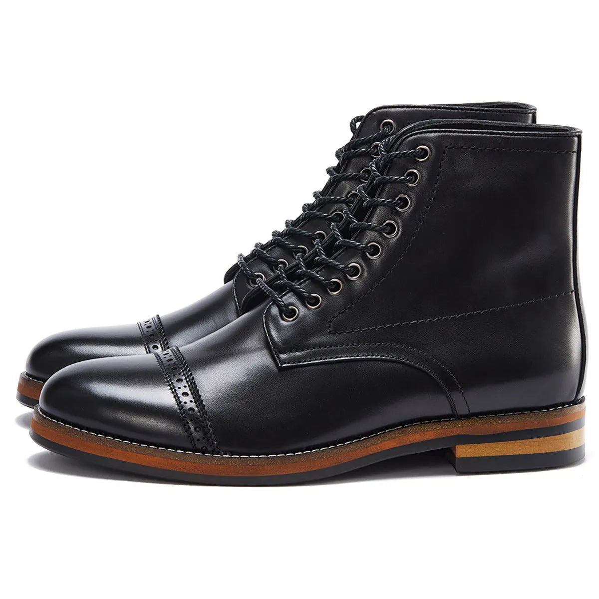 Brown mid-top Martin boots for men with leather upper, lace-up fastening, and rubber sole