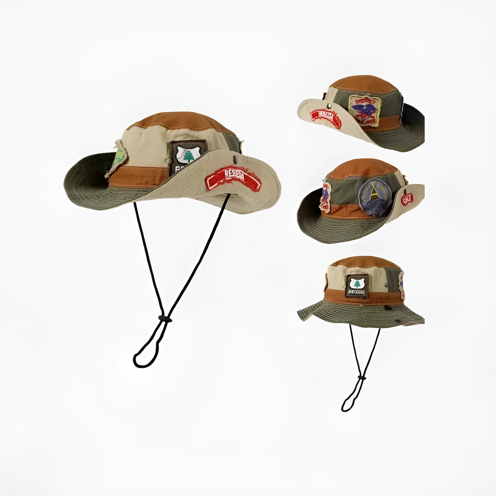 Army green cotton fisherman hat with retro patchwork design and flat top crown for summer sun protection