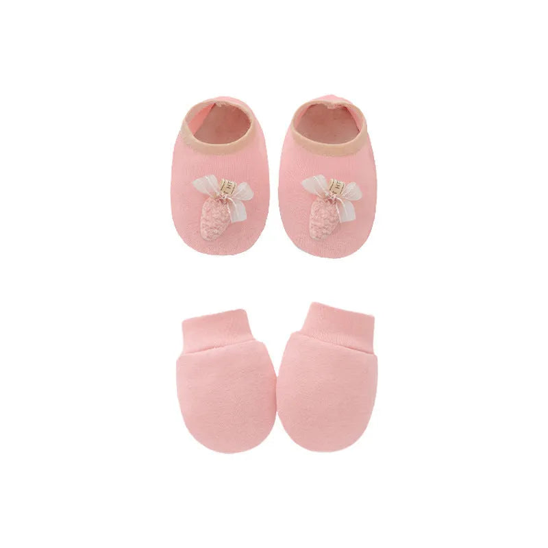 Cotton baby gloves and foot cover set in multiple colours including light blue, navy blue, pink, and camel