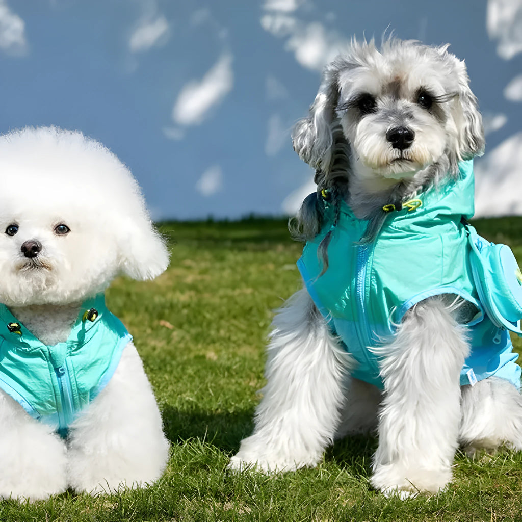 Mookipet 100% nylon dog sun protection vest in blue and green, side view showing traction point, for small dogs sizes XXS to XXL