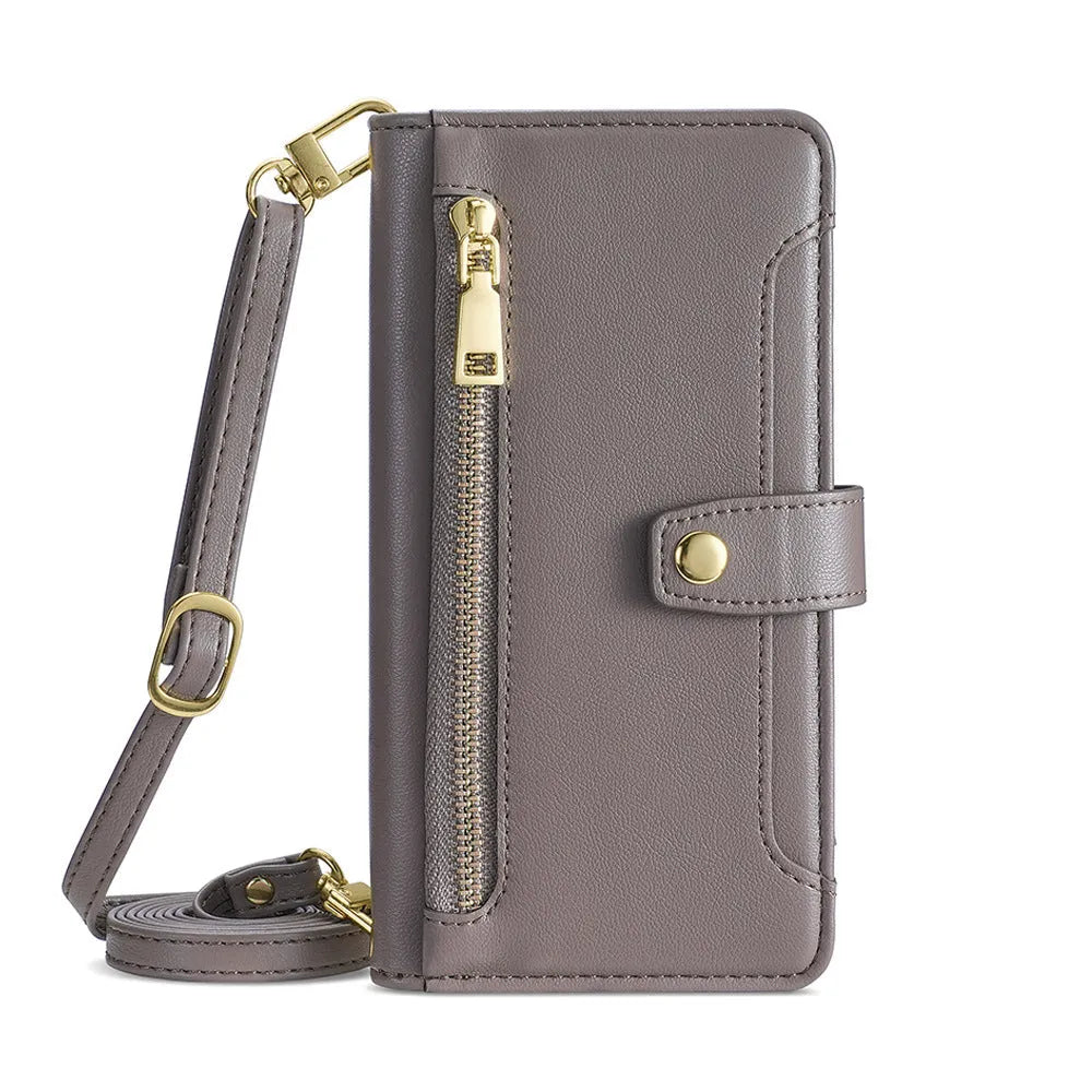 Flip cross-body lanyard phone case with card slot bracket magnetic suction for iPhone Samsung Huawei in black colour