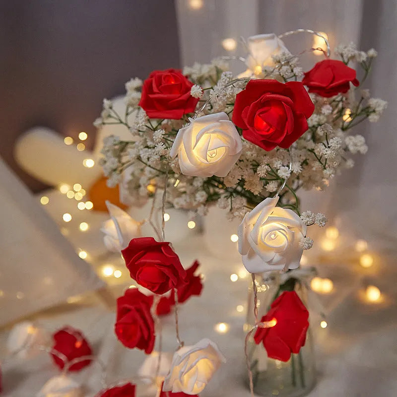Indoor battery-powered LED rose decorative light string in one of seven colour options