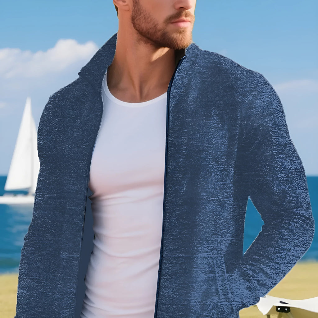 Men's long zipper light fleece jacket in black, loose fit, cardigan style, sizes S to 3XL