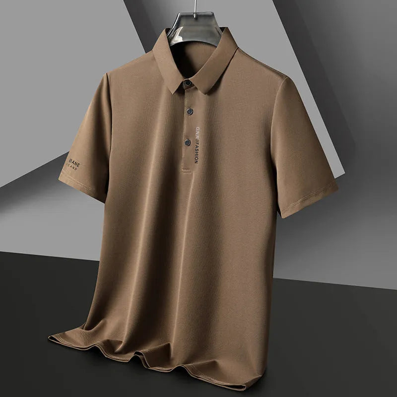 Men's waffle short sleeve polo shirt in bean green, loose fit with side slits, on plain background