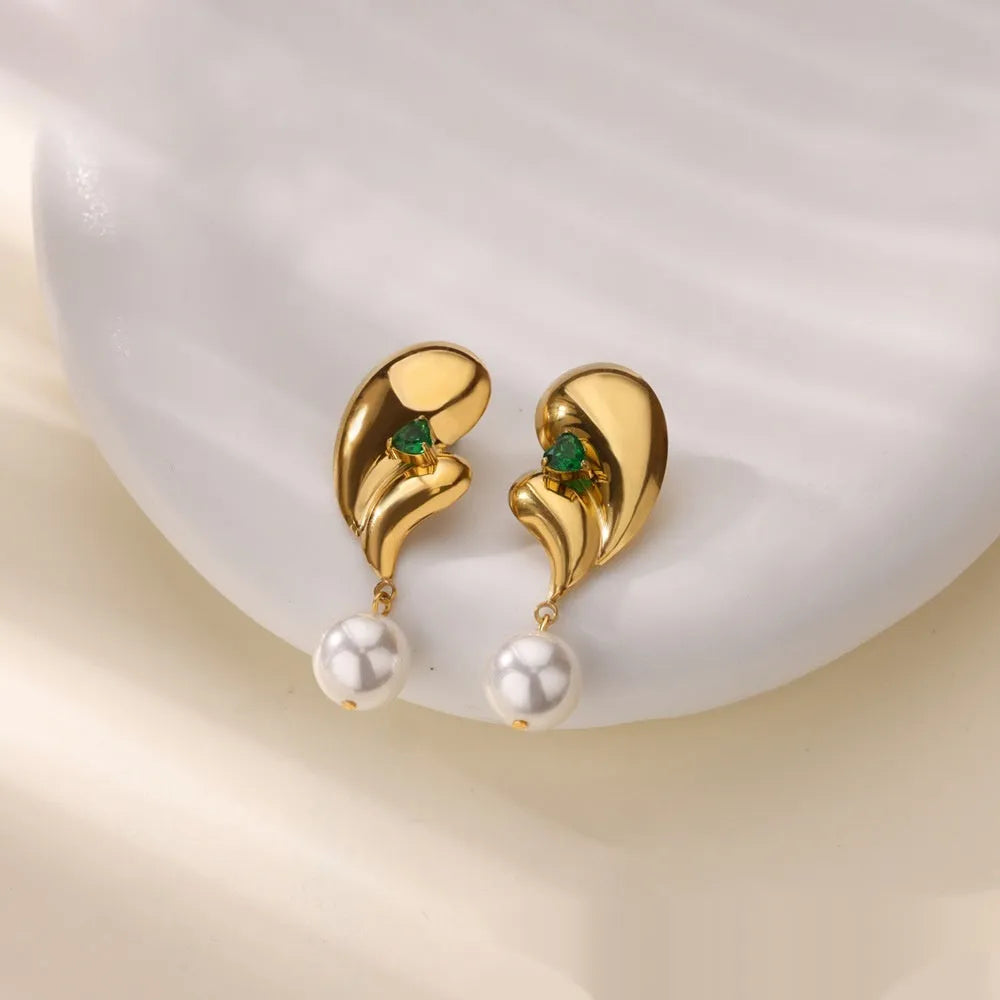 Pair of stainless steel stud earrings with green zircon and pearl geometric design