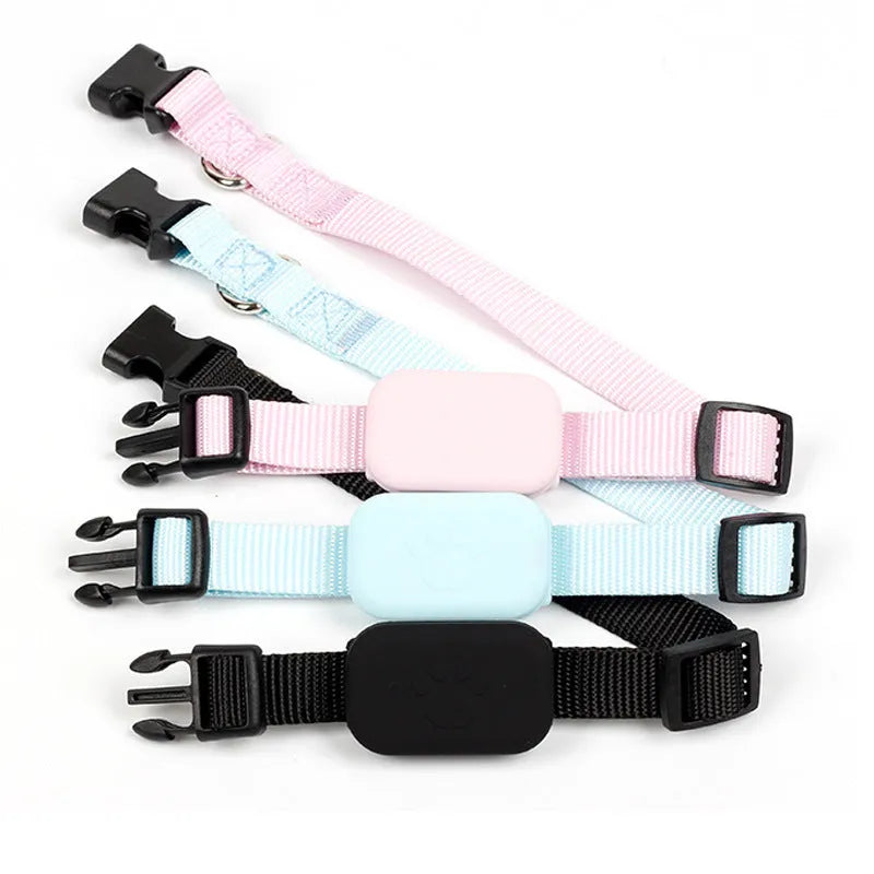 Pet positioning collar with adjustable band showing black, blue and pink colour options