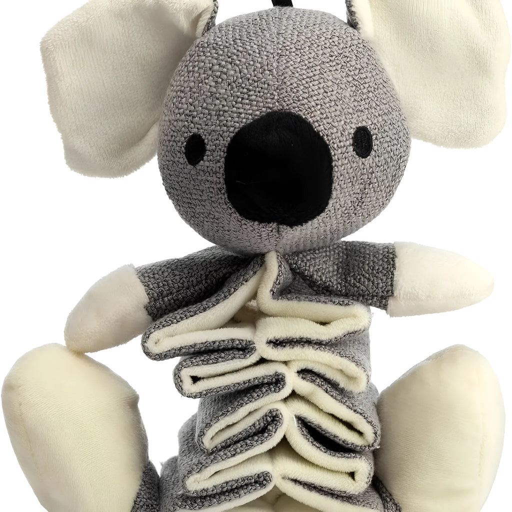 Grey koala squeaky dog toy measuring 30cm length with crinkle paper inside and durable cloth construction