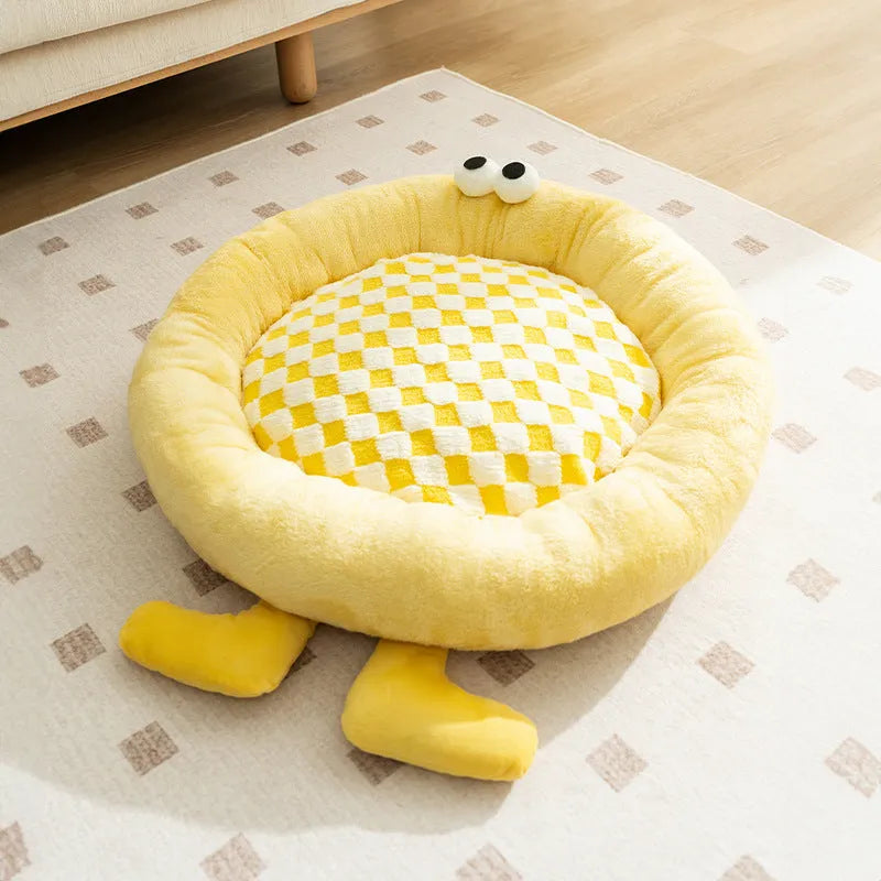 Plush pet kennel sleeping mat in blue, pink, or yellow with four size options