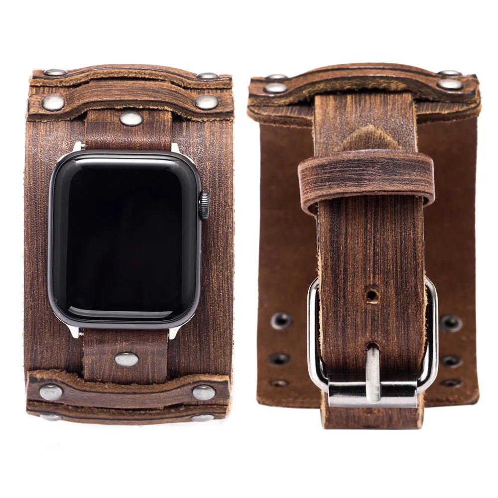 Punk style genuine cowhide leather watch strap in black, fitting 38/40mm watch lugs