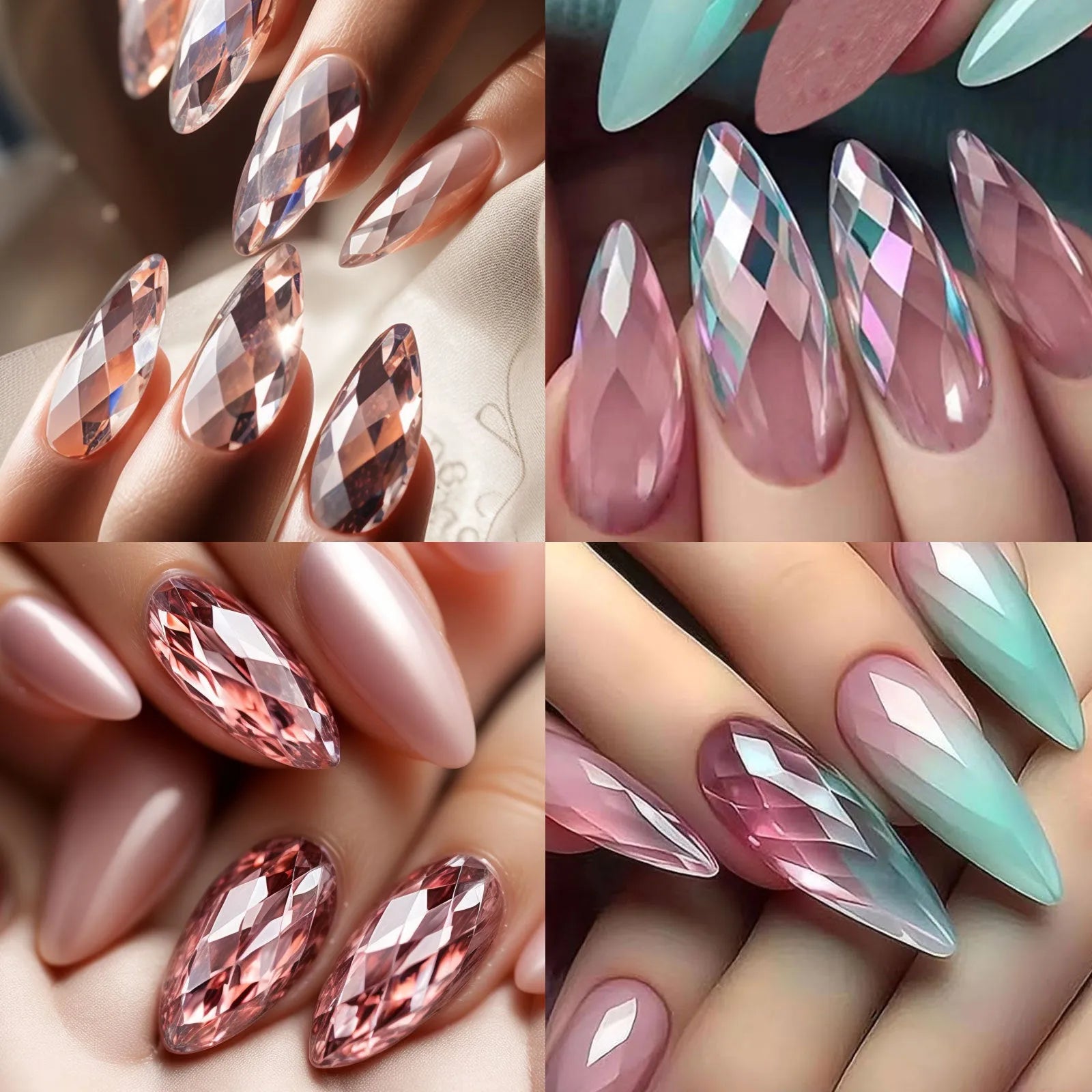 Box of long, shaped false nail tips with glittering diamond texture in various pink and white colours.