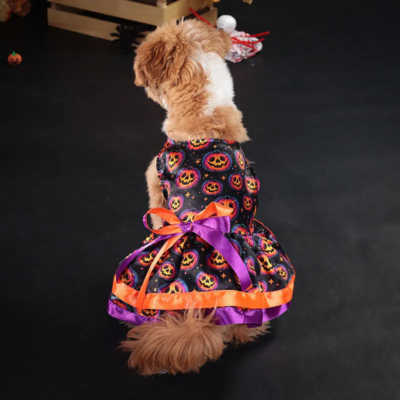 Colourful double-layer Halloween dog skirt with pumpkin print, shown in size M.