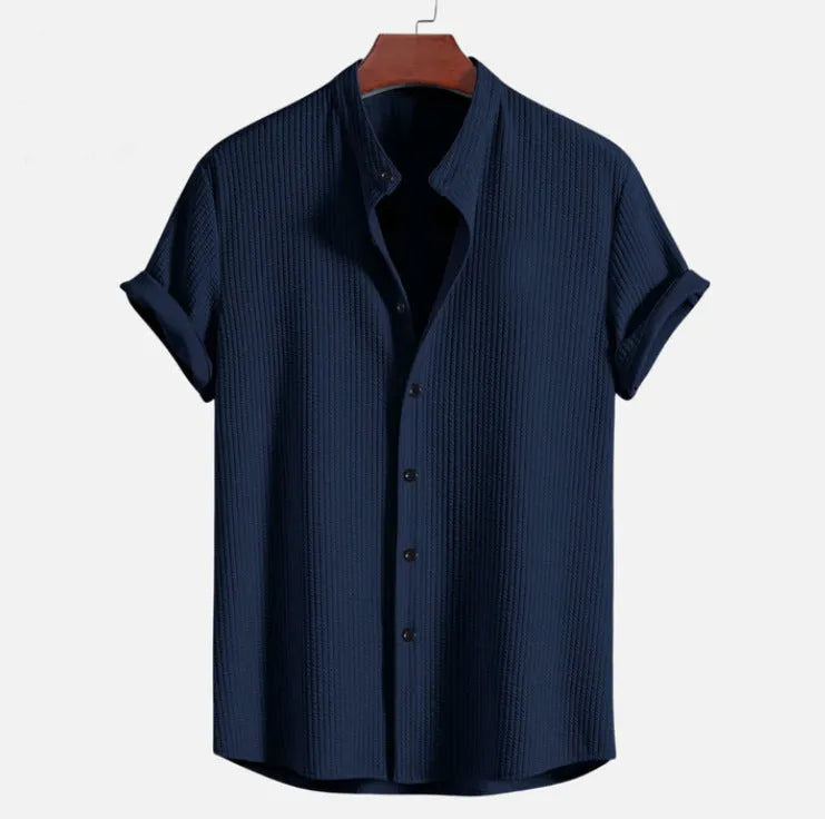 Men's loose fit short sleeve polyester shirt in multiple colour options including wine red, dark green and light blue