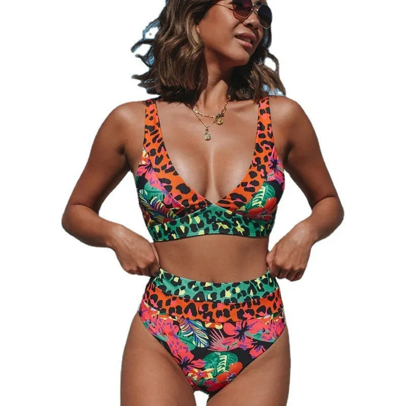 Women's floral print high-waist bikini set shown in product colour.