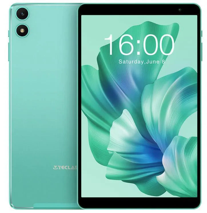 Green Android 13 tablet with 8-inch HD screen, eight-core processor, 4GB RAM, 64GB storage, and dual camera