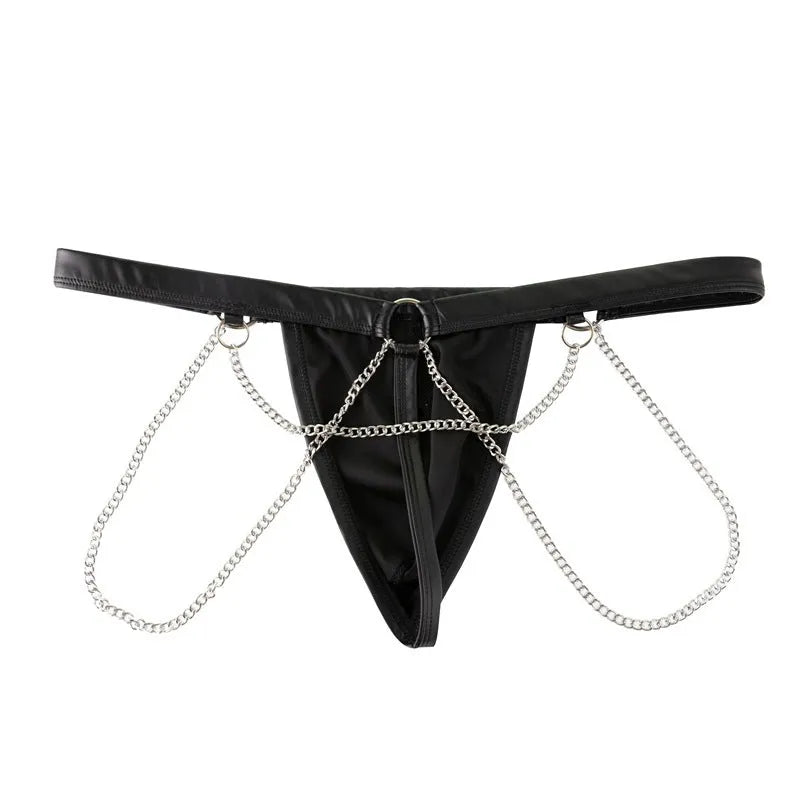 Black men's thong underwear with patent leather finish and chain detail