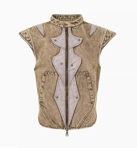 Dark wash cotton pleated vest for men in Korean style with size tags