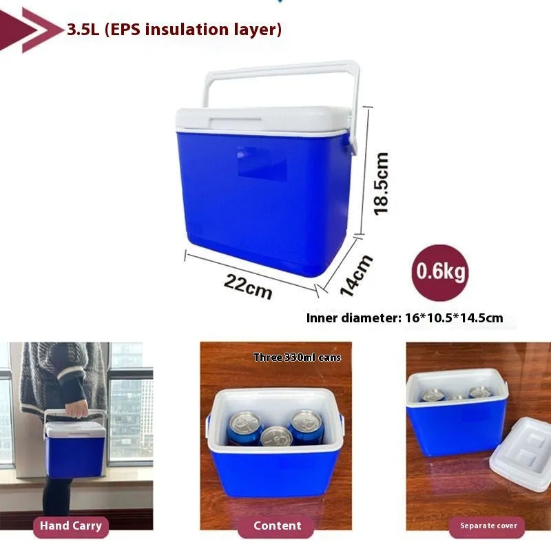 Blue aluminium foil portable insulated cooler box with capacity size options for outdoor use.