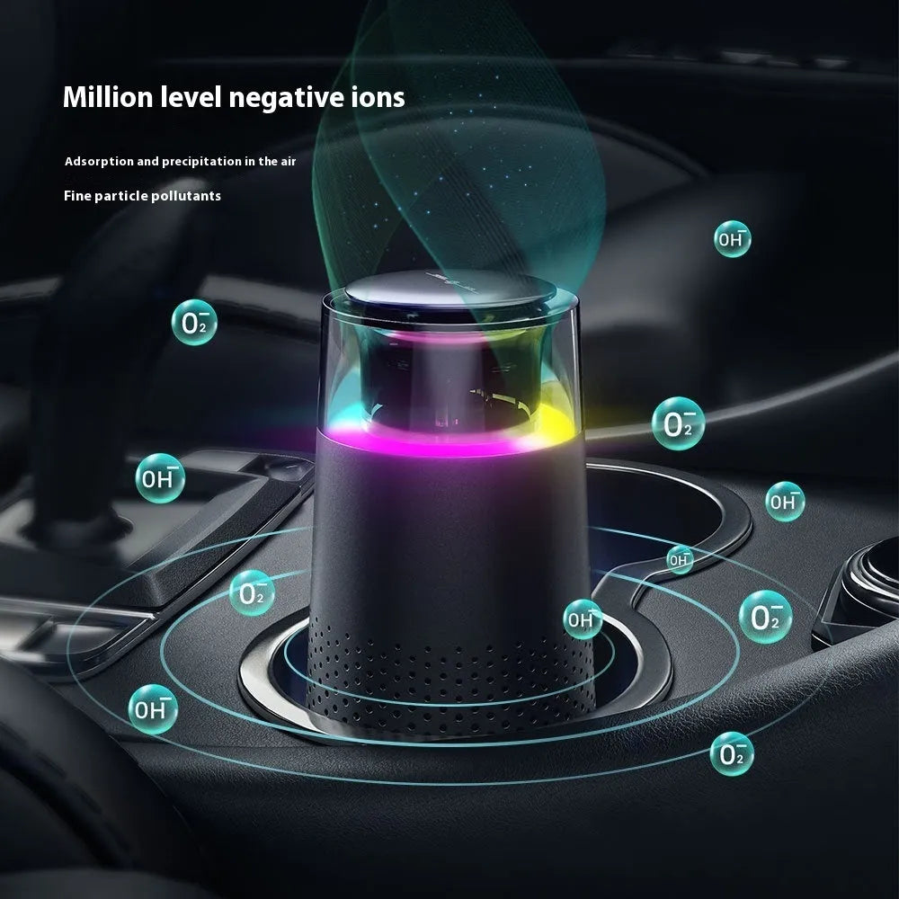 Black 5W car air purifier with horse running light and USB cable on a flat surface