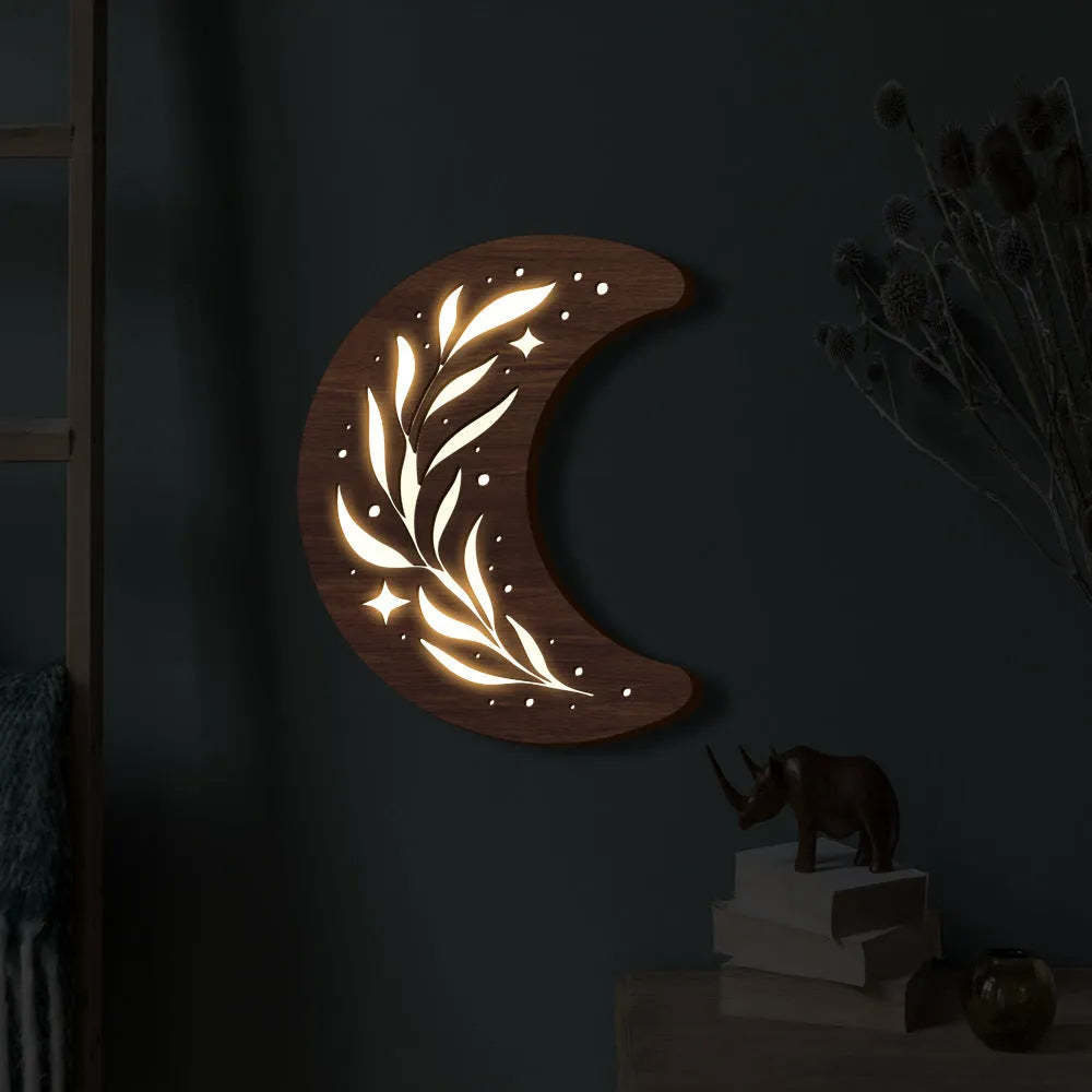Bohemian style wooden leaf crescent pendant lamp with 3D carved basswood elements in MZ212 colour