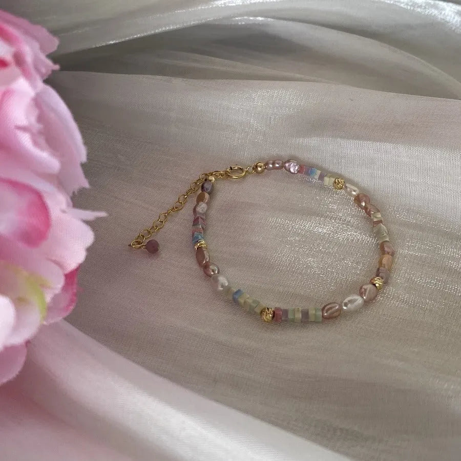 Women's natural pearl bracelet and necklace set with 14K gilded purple silver accents on irregular mini pearls