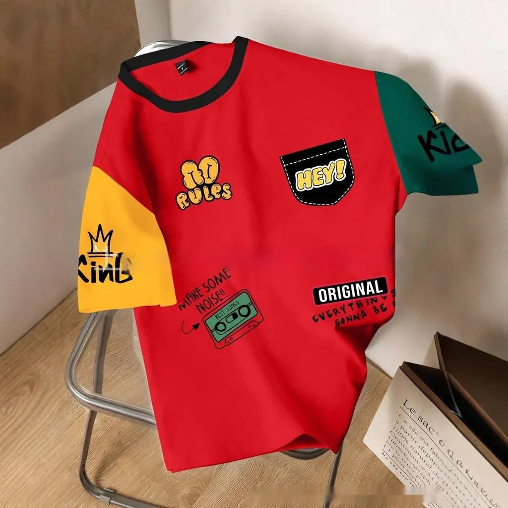 Men's loose fit casual T-shirt with a bold digital print letters pattern in colour block design.