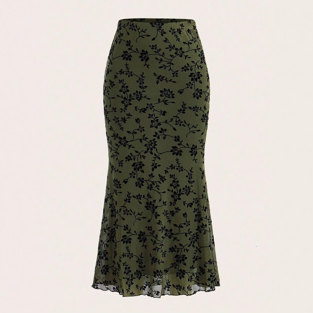 Dark green floral half-length fishtail skirt for women with polyester fabric and elastic waist