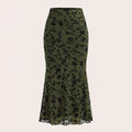 Dark green floral half-length fishtail skirt for women with polyester fabric and elastic waist