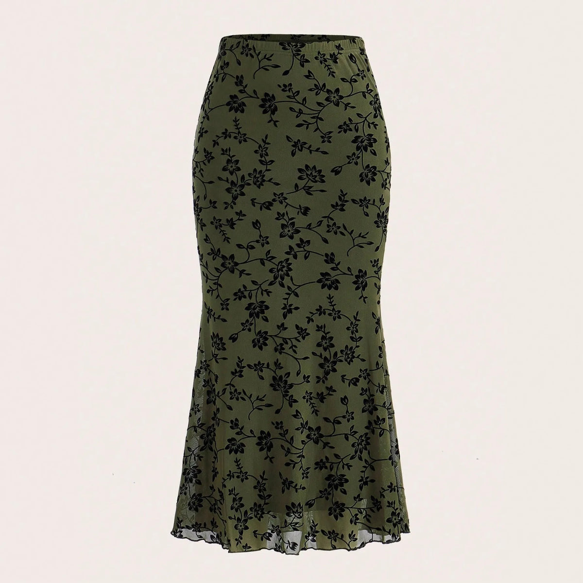 Dark green floral half-length fishtail skirt for women with polyester fabric and elastic waist