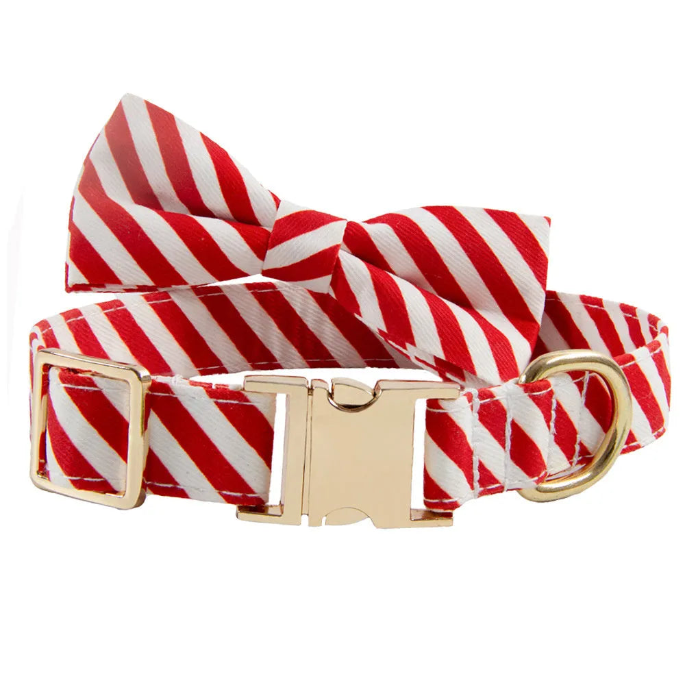 Striped green personalised dog collar with engraved text and a matching fabric bow knot attached.