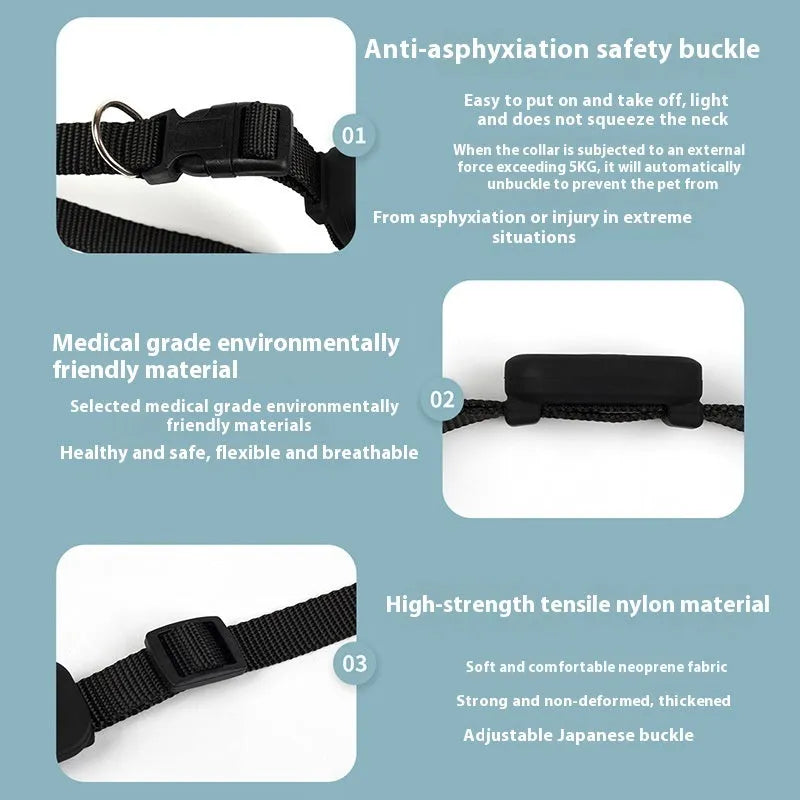 Pet positioning collar with adjustable band showing black, blue and pink colour options