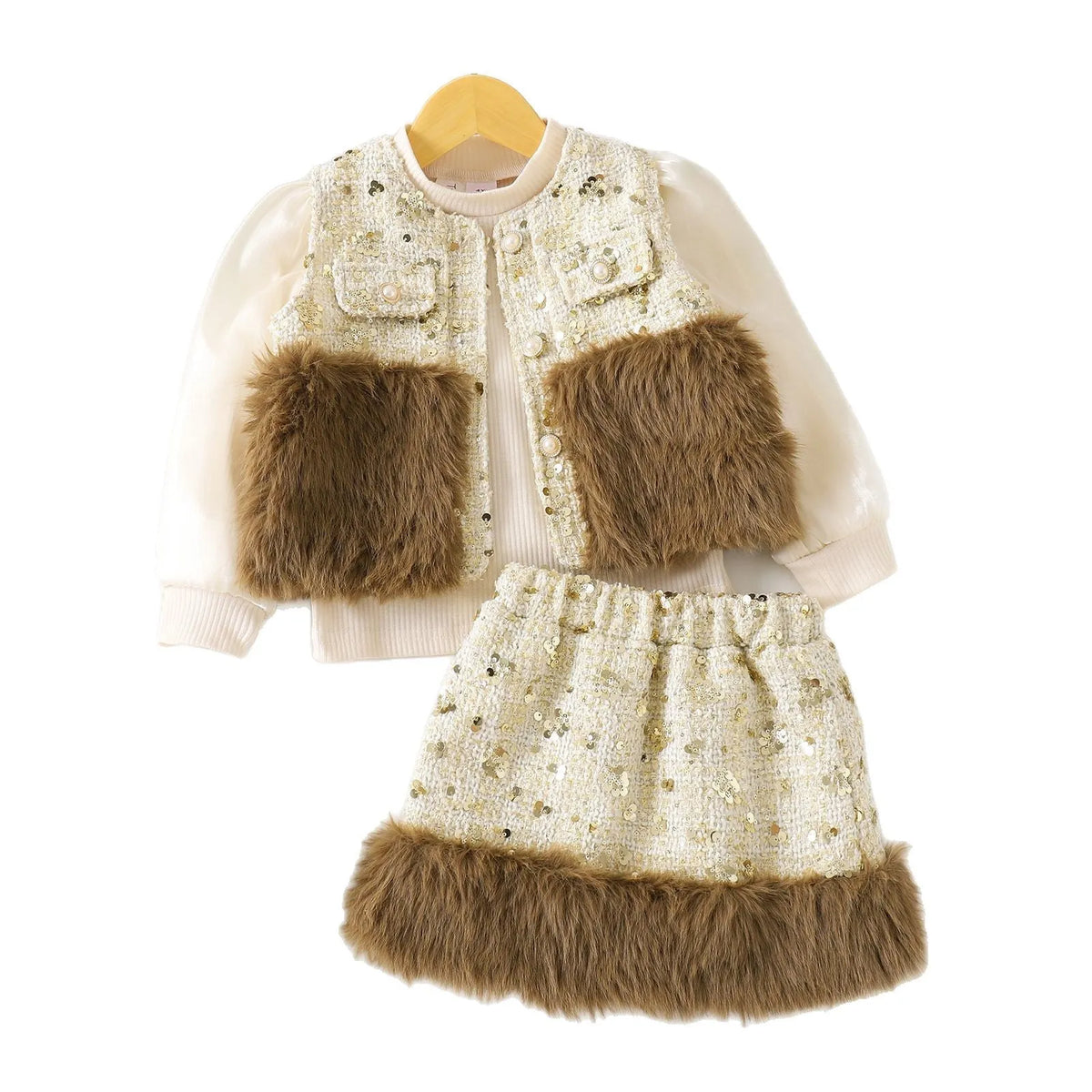 Apricot floral print long sleeve cotton blouse and short skirt children's two-piece set on a white background