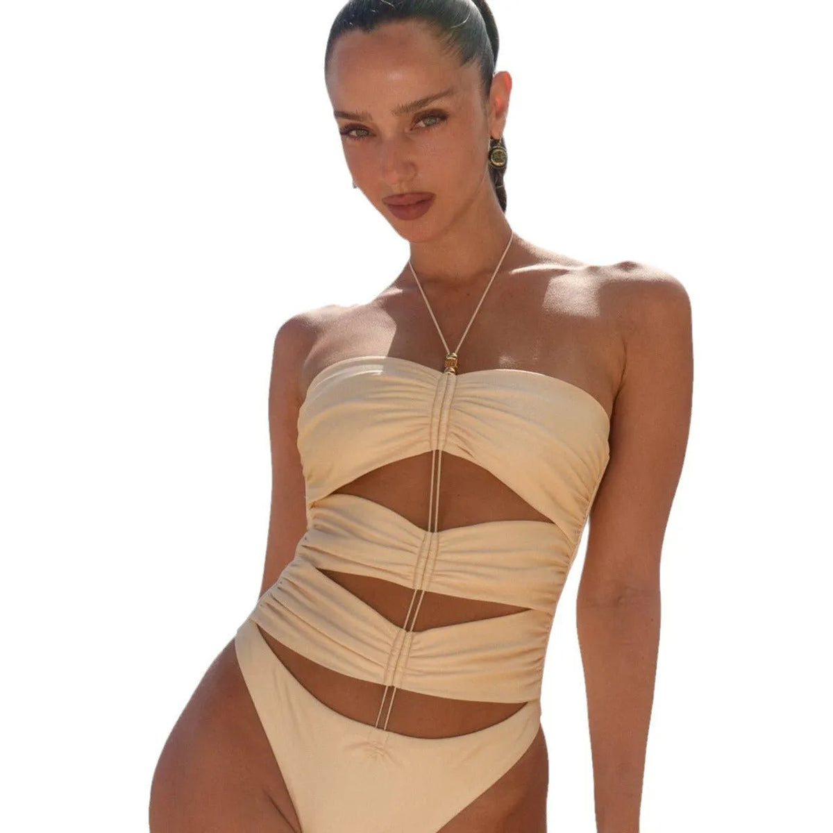 Solid colour pleated one-piece swimsuit for women, lace-up front, high-gloss nylon, black colour
