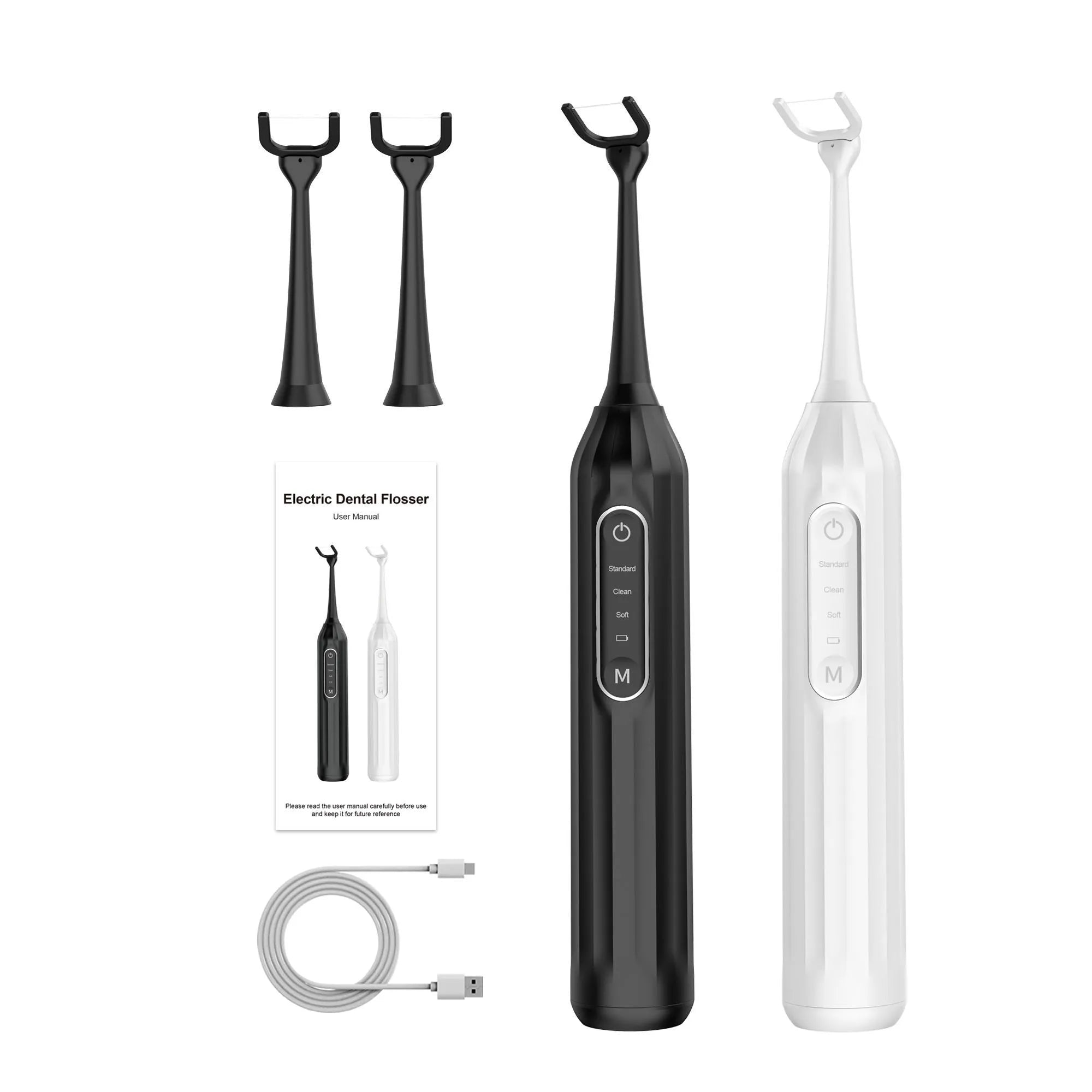 Electric water flosser in white with Type-C charging, three mode buttons, and water tank visible