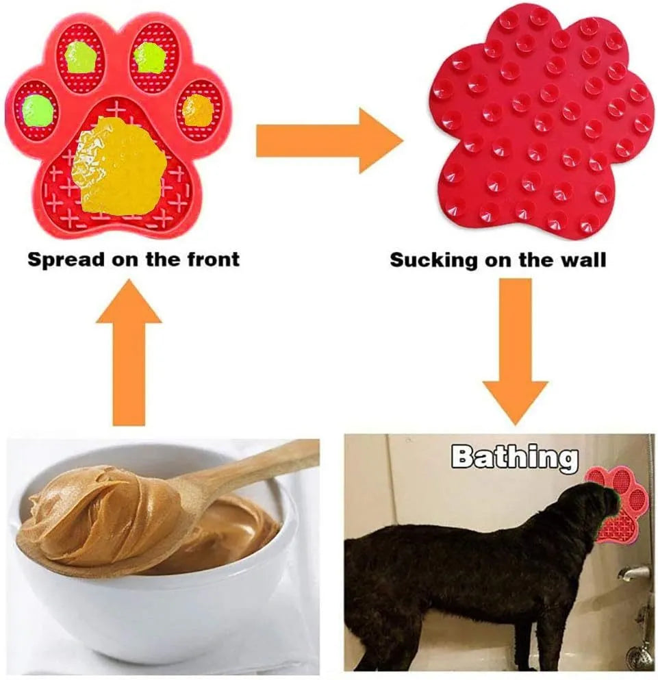 Dog licking mat with peanut butter and strong suction cups on bathroom tile, 18x18x1.2cm silicone pad