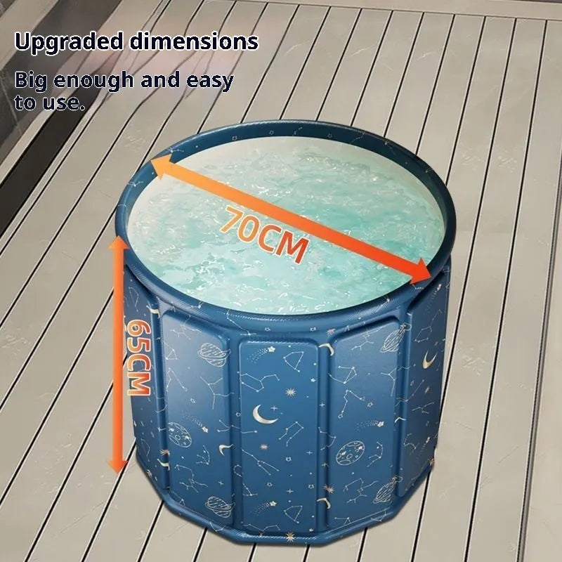 Foldable bath barrel for adults, thickened water-repellent cloth, 70cm diameter, sky blue colour