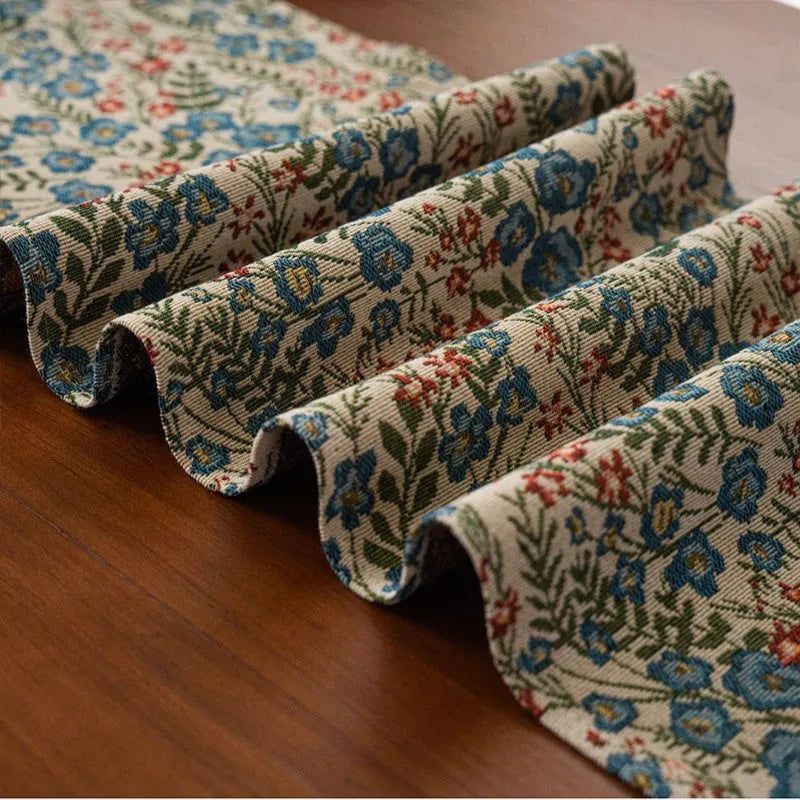 Nordic Jacquard striped bouquet pattern table runner with decorative tassels in dark blue