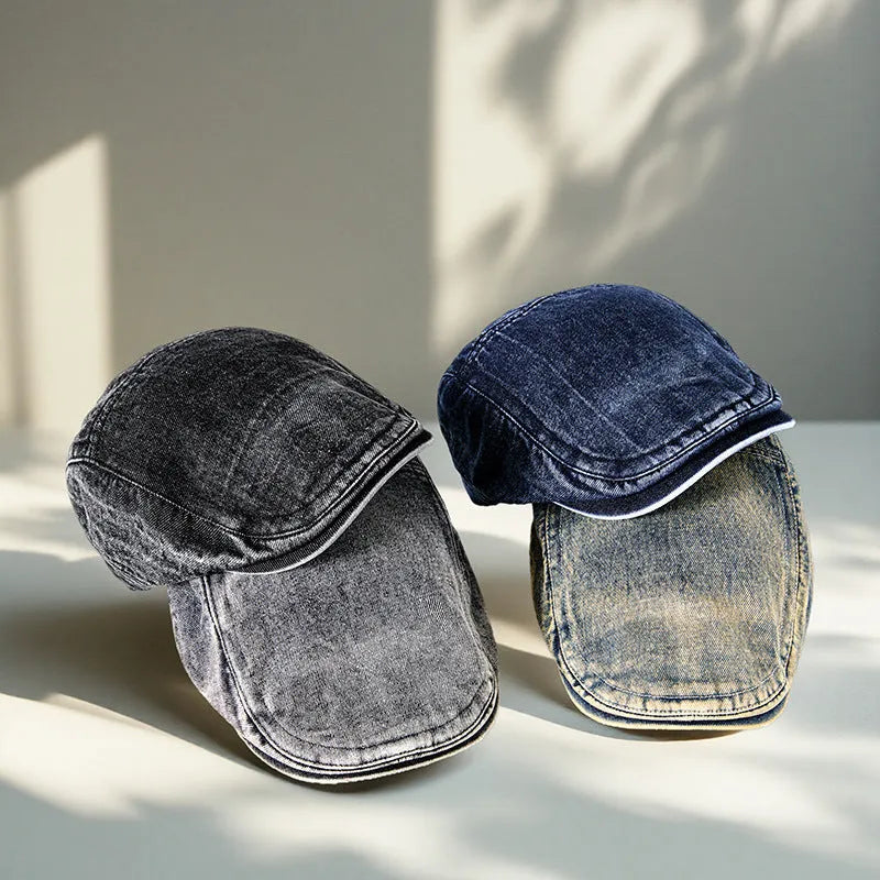 Men's forward baseball cap style hat with flat top crown design in denim blue cotton fabric